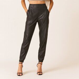 Spanx Faux Leather Black Joggers Pants High Rise Elastic Waist Pockets Edgy M